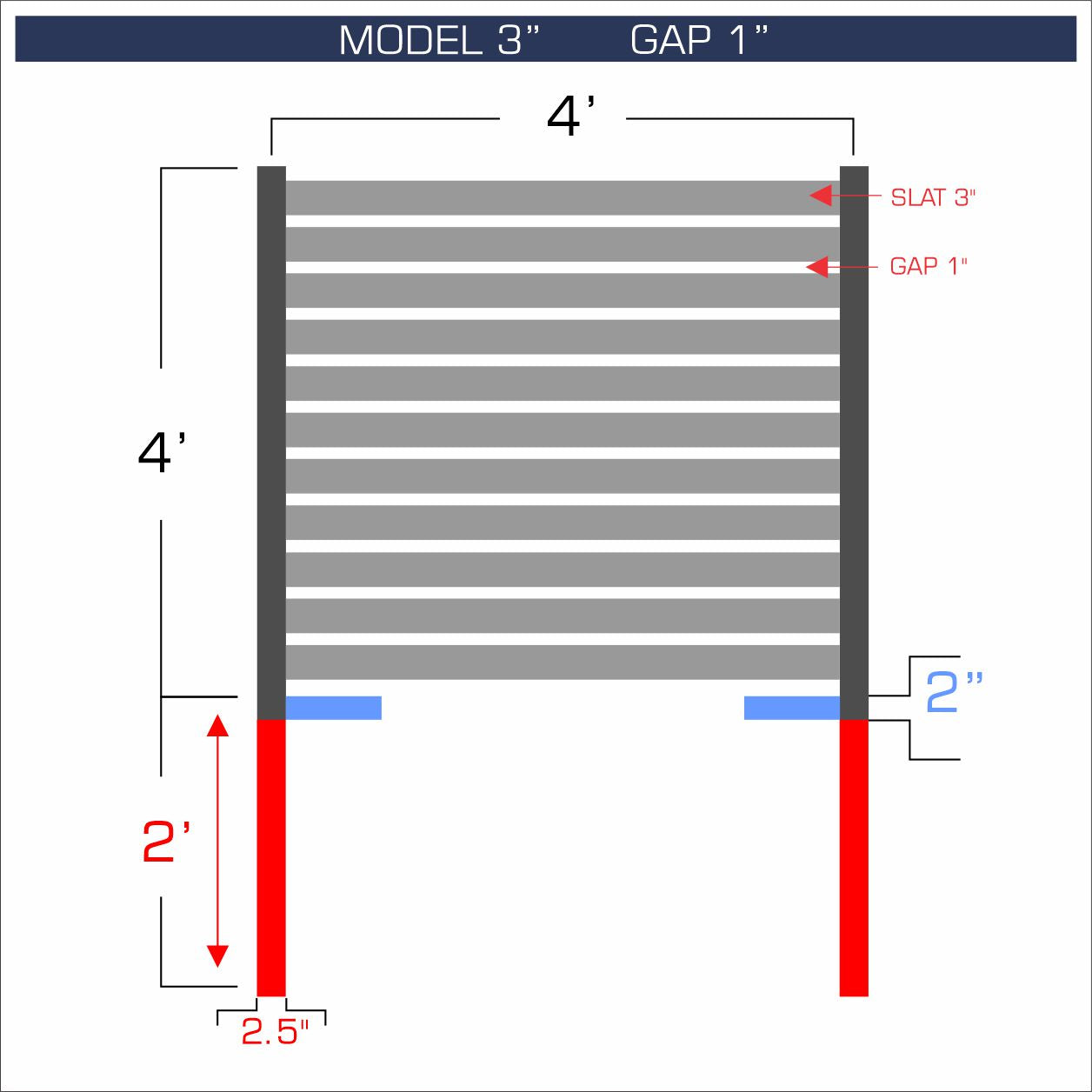 Horizontal aluminum fence with 3-inch spacing, 1-inch gap between blades, and 4-foot height.