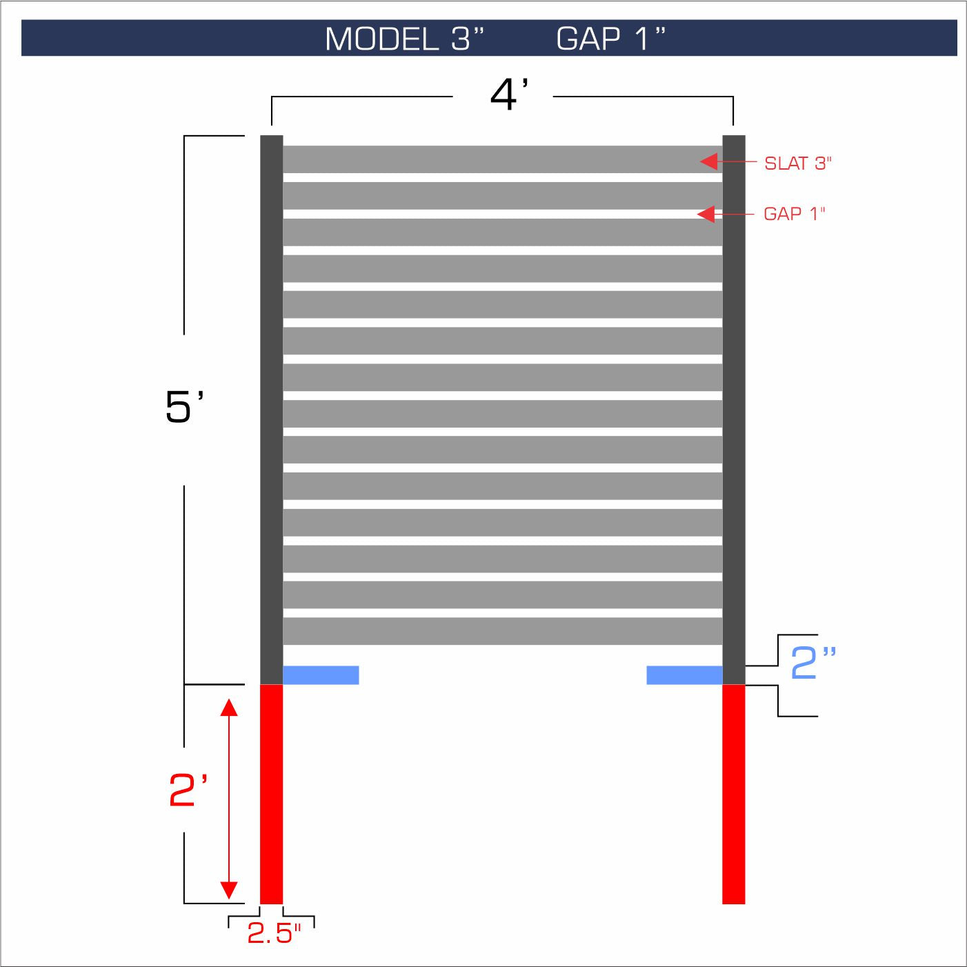 Horizontal aluminum fence with 3-inch spacing, 1-inch gap between blades, and 5-foot height.