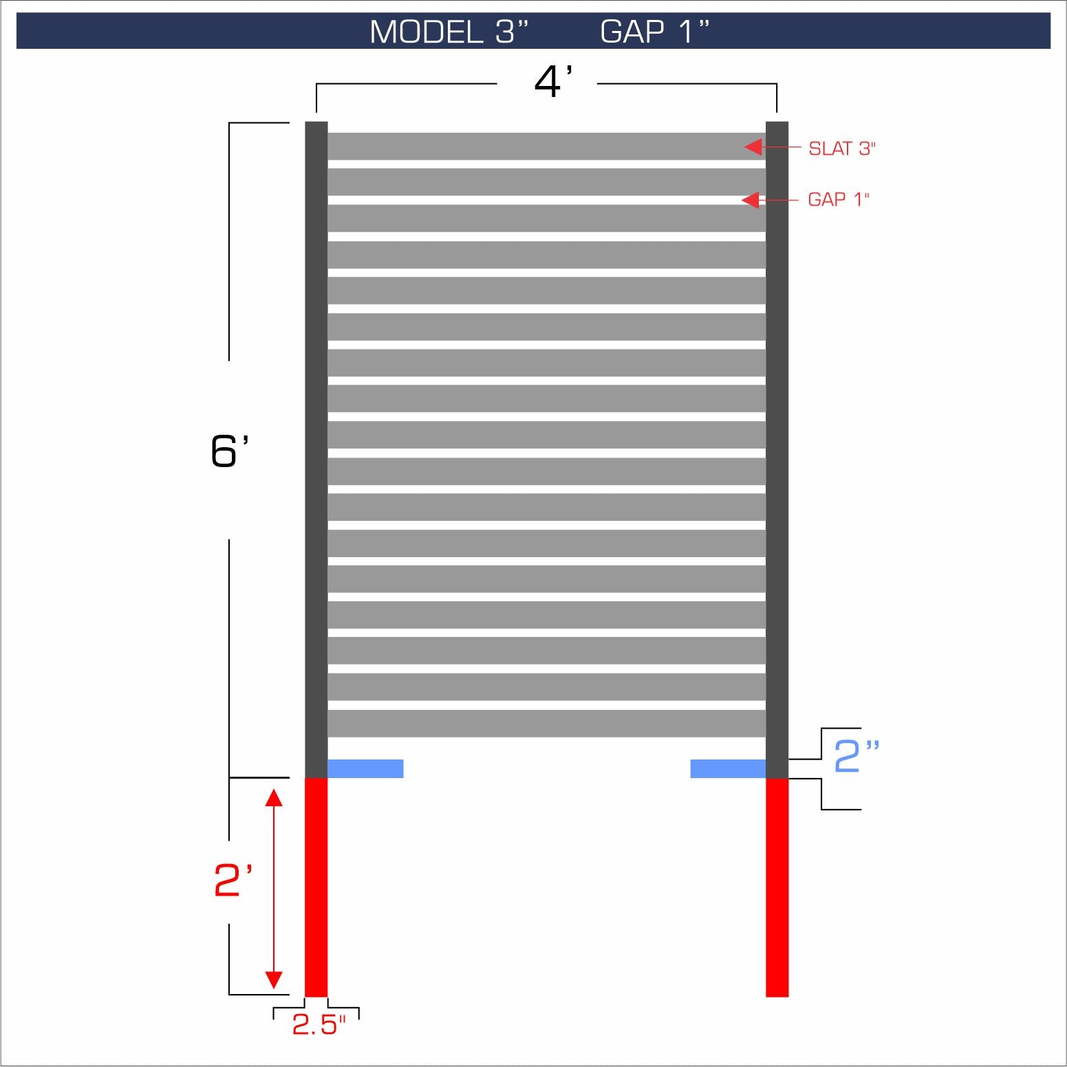 Horizontal aluminum fence with 3-inch spacing, 1-inch gap between blades, and 6-foot height.