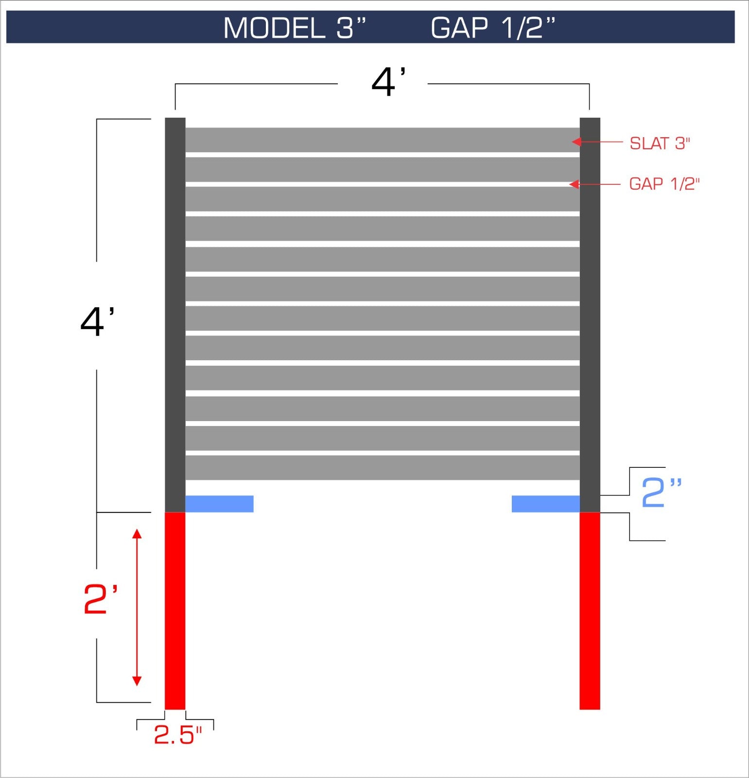 Horizontal aluminum fence with 3-inch spacing, 1/2-inch gap between blades, and 4-foot height.
