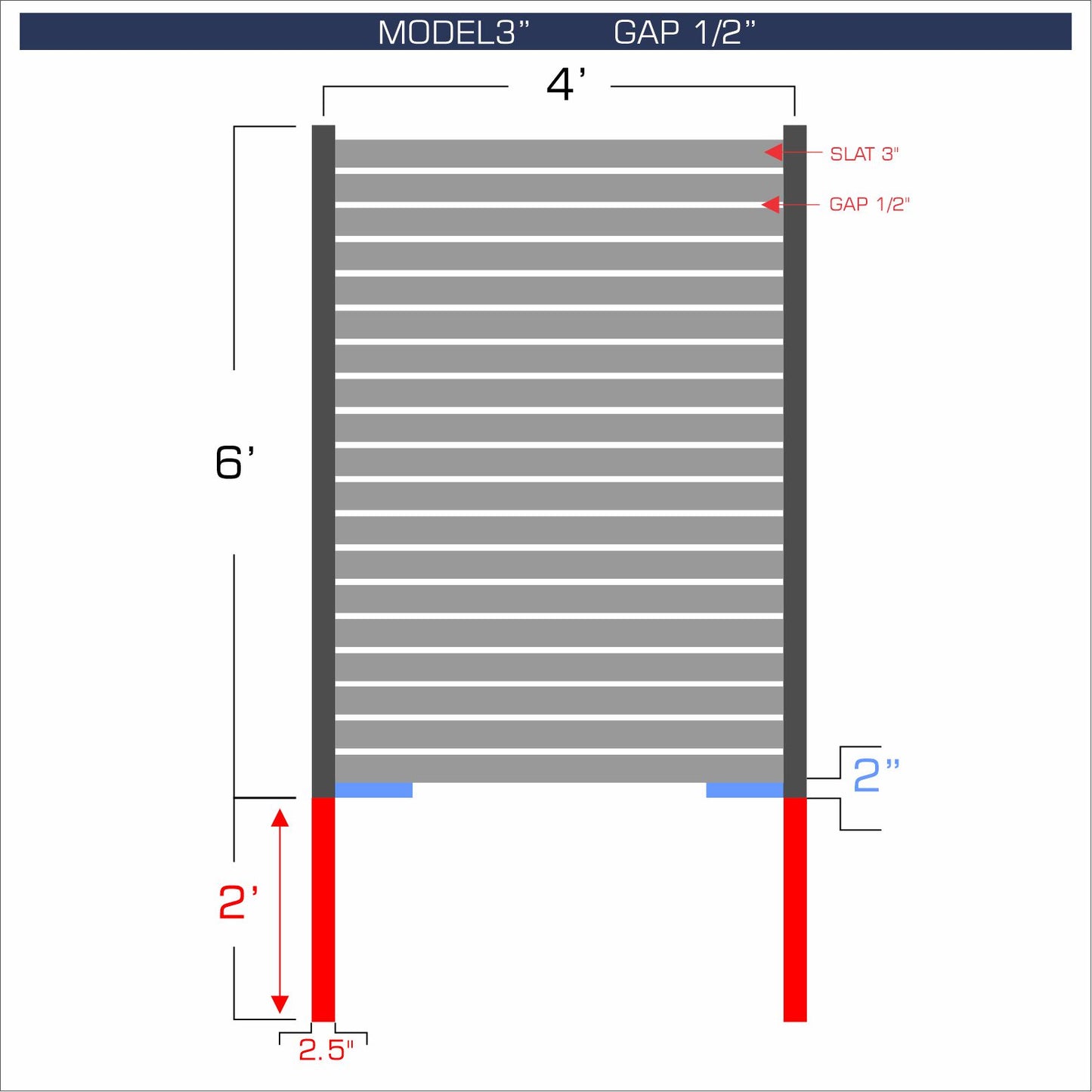 Horizontal aluminum fence with 3-inch spacing, 1/2-inch gap between blades, and 6-foot height.