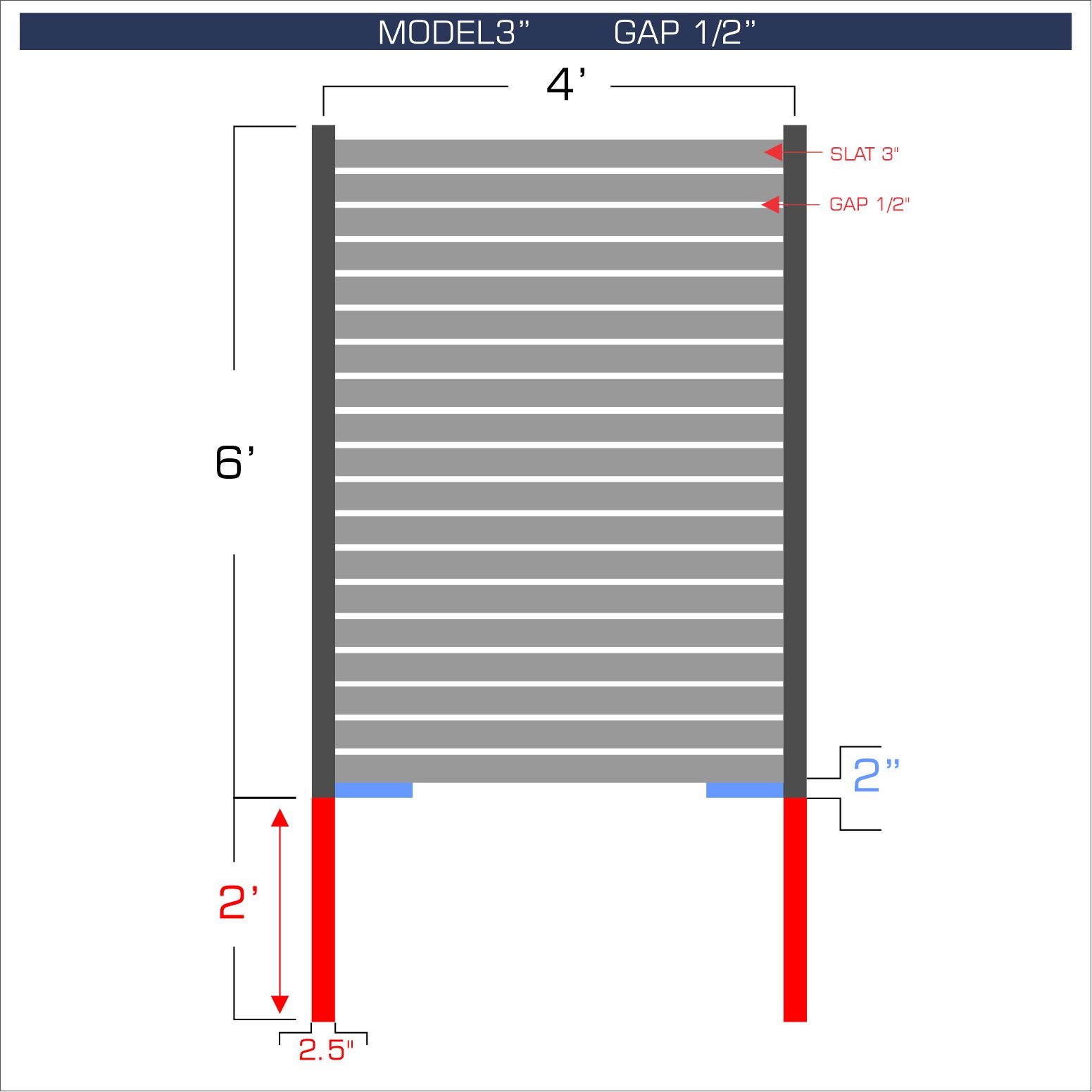 Horizontal aluminum fence with 3-inch spacing, 1/2-inch gap between blades, and 6-foot height.