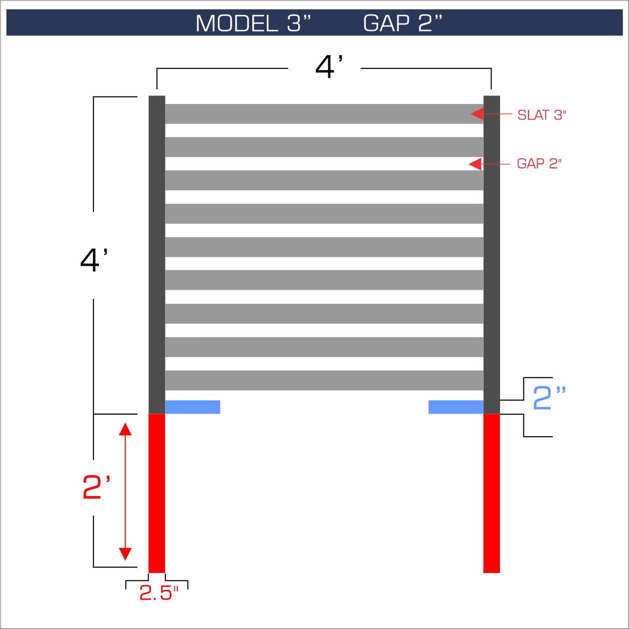 Horizontal aluminum fence with 3-inch spacing, 2-inch gap between blades, and 4-foot height.
