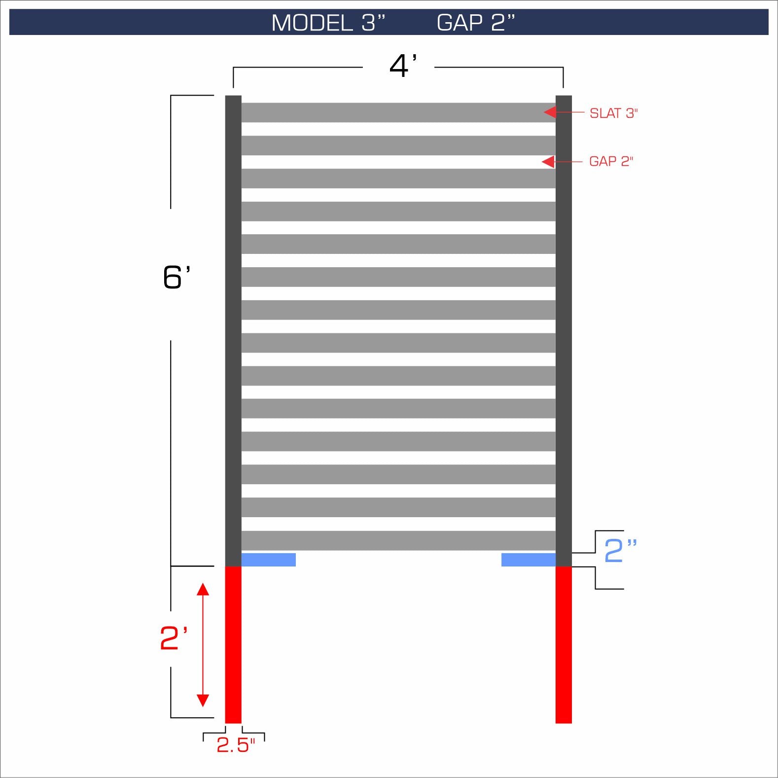 Horizontal aluminum fence with 3-inch spacing, 2-inch gap between blades, and 6-foot height.