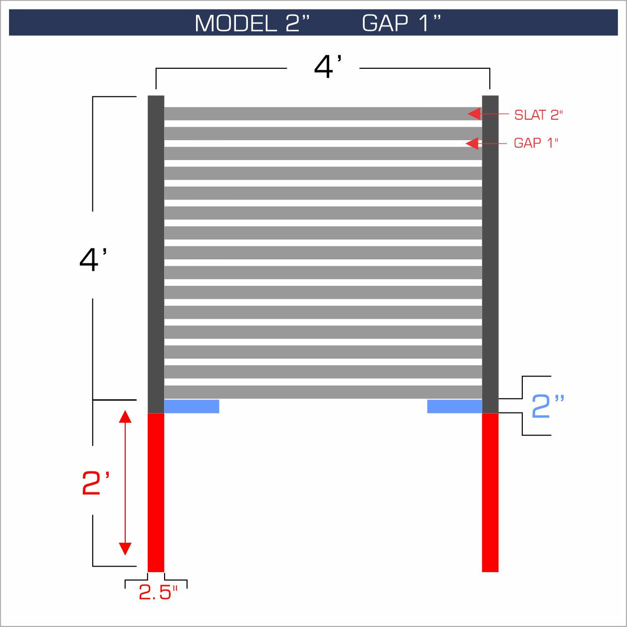 Horizontal aluminum fence with 2-inch spacing, 1-inch gap between blades, and 4-foot height.