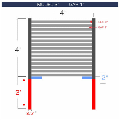 Horizontal aluminum fence with 2-inch spacing, 1-inch gap between blades, and 4-foot height.