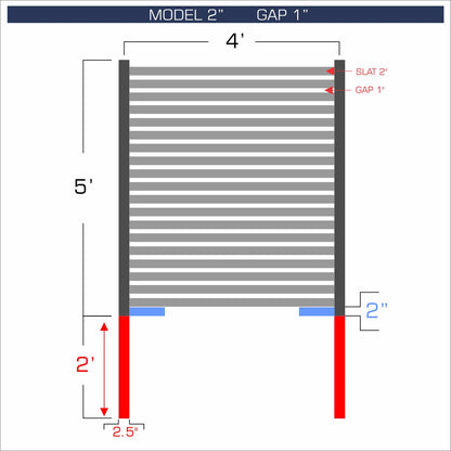 Horizontal aluminum fence with 2-inch spacing, 1-inch gap between blades, and 5-foot height.