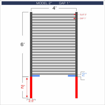 Horizontal aluminum fence with 2-inch spacing, 1-inch gap between blades, and 6-foot height.