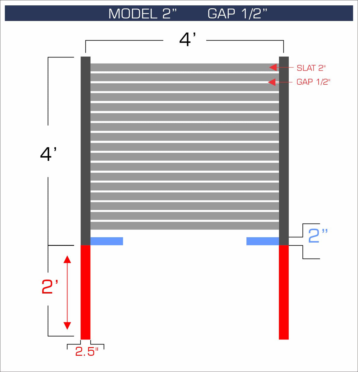 Horizontal aluminum fence with 2-inch spacing, 1/2-inch gap between blades, and 4-foot height.
