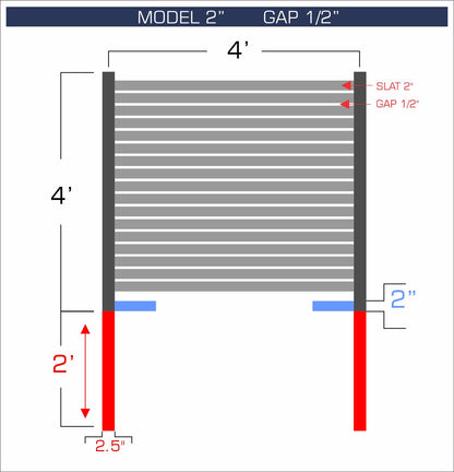 Horizontal aluminum fence with 2-inch spacing, 1/2-inch gap between blades, and 4-foot height.