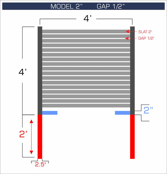 Horizontal aluminum fence with 2-inch spacing, 1/2-inch gap between blades, and 4-foot height.