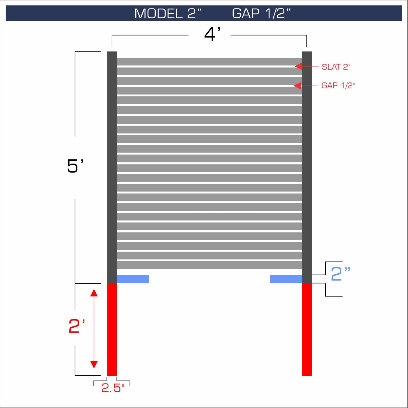 Horizontal aluminum fence with 2-inch spacing, 1/2-inch gap between blades, and 5-foot height.