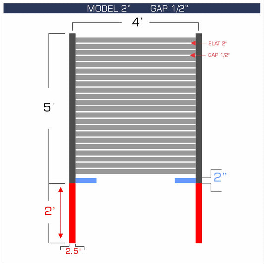 Horizontal aluminum fence with 2-inch spacing, 1/2-inch gap between blades, and 5-foot height.