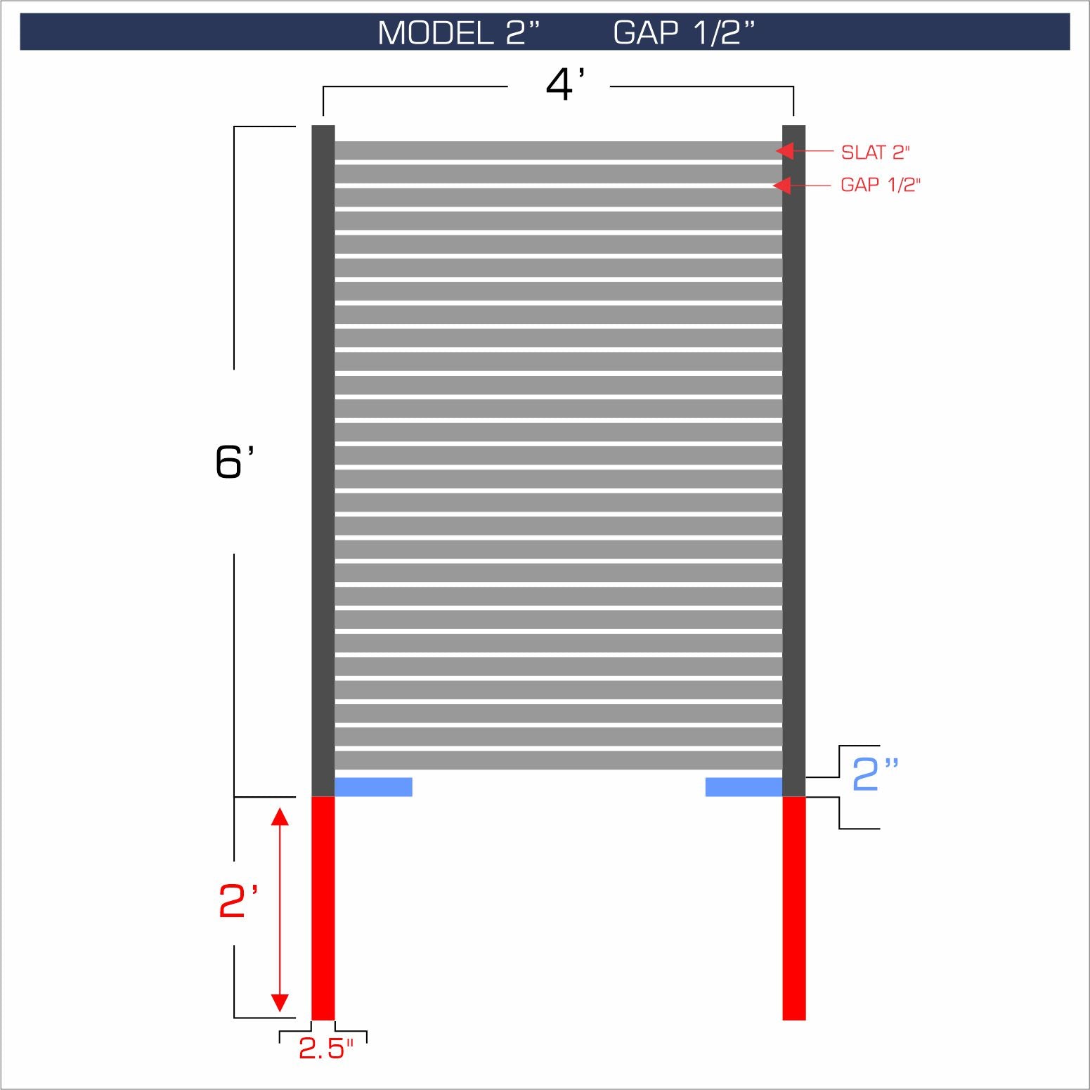 Horizontal aluminum fence with 2-inch spacing, 1/2-inch gap between blades, and 6-foot height.