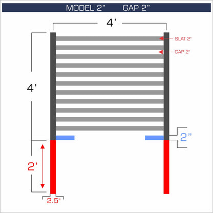 Horizontal aluminum fence with 2-inch spacing, 2-inch gap between blades, and 4-foot height.