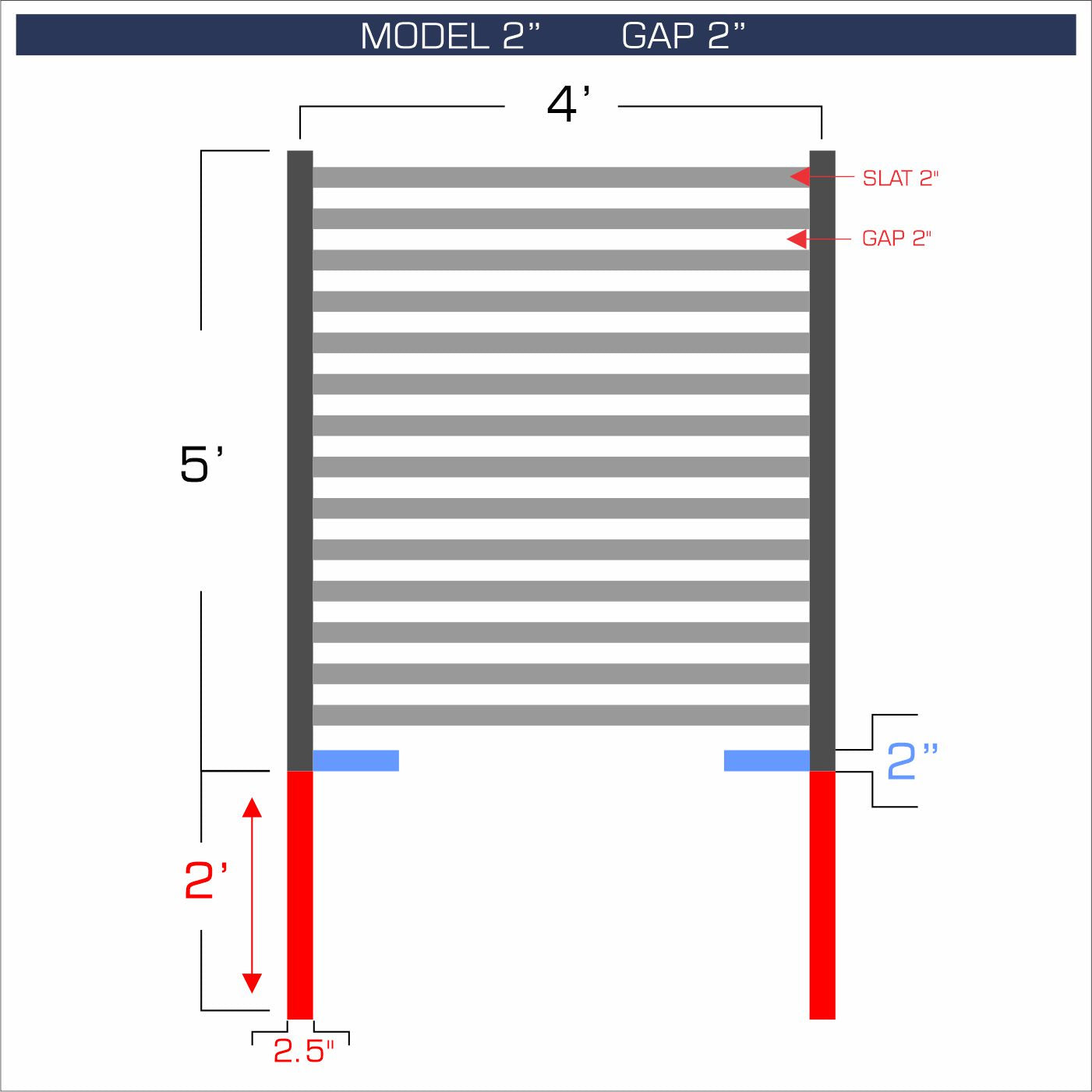 Horizontal aluminum fence with 2-inch spacing, 2-inch gap between blades, and 5-foot height.