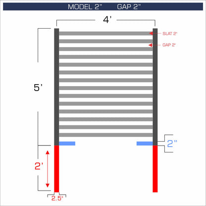 Horizontal aluminum fence with 2-inch spacing, 2-inch gap between blades, and 5-foot height.