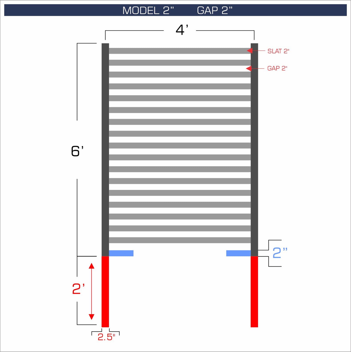 Horizontal aluminum fence with 2-inch spacing, 2-inch gap between blades, and 6-foot height.
