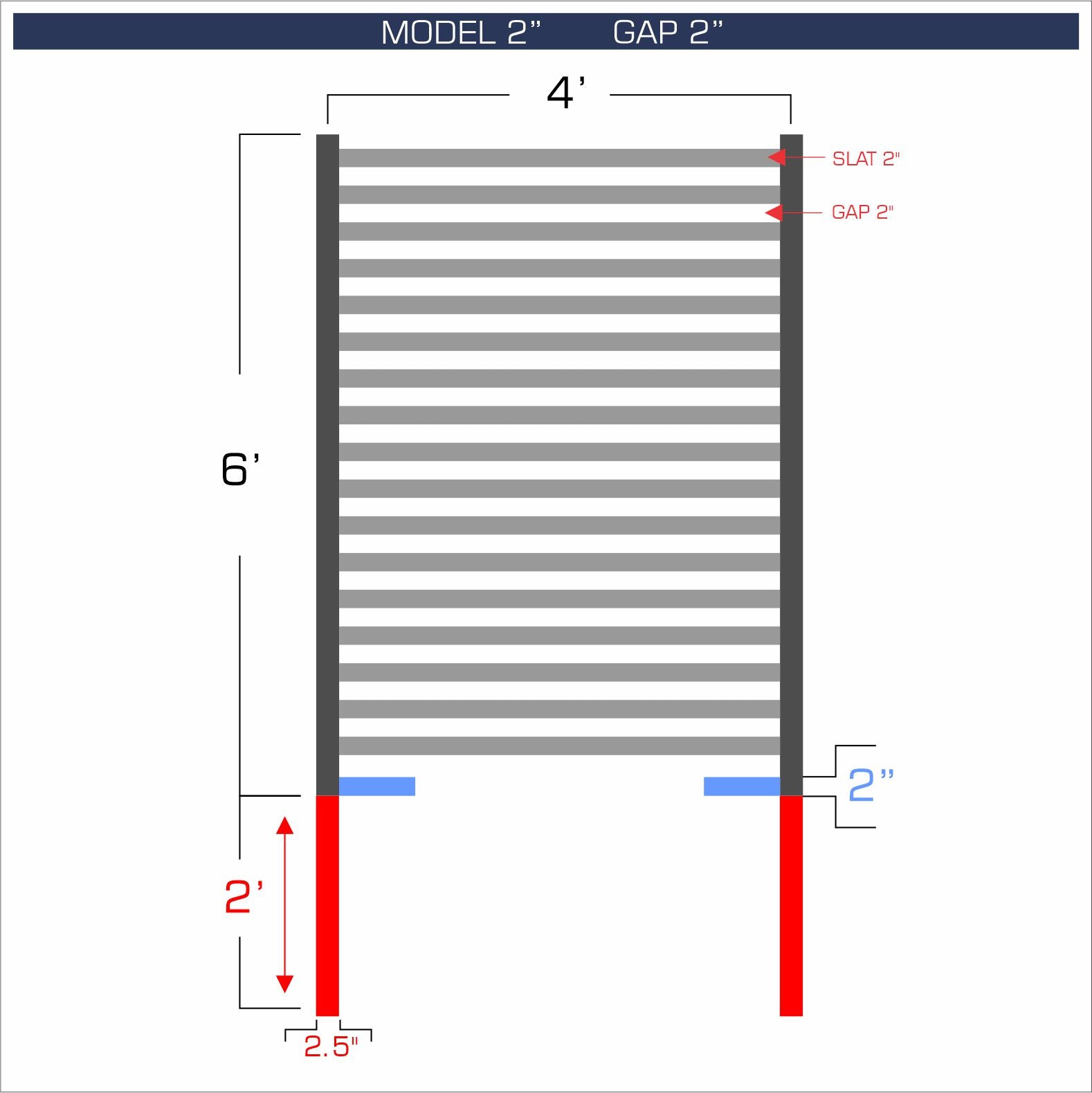 Horizontal aluminum fence with 2-inch spacing, 2-inch gap between blades, and 6-foot height.