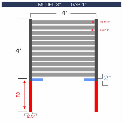 Horizontal aluminum fence with 3-inch spacing, 1-inch gap between blades, and 4-foot height.