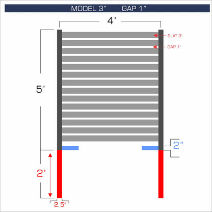 Horizontal aluminum fence with 3-inch spacing, 1-inch gap between blades, and 5-foot height.
