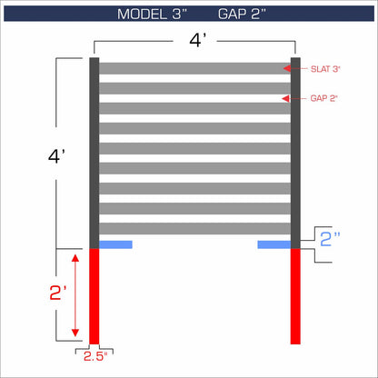Horizontal aluminum fence with 3-inch spacing, 2-inch gap between blades, and 4-foot height.