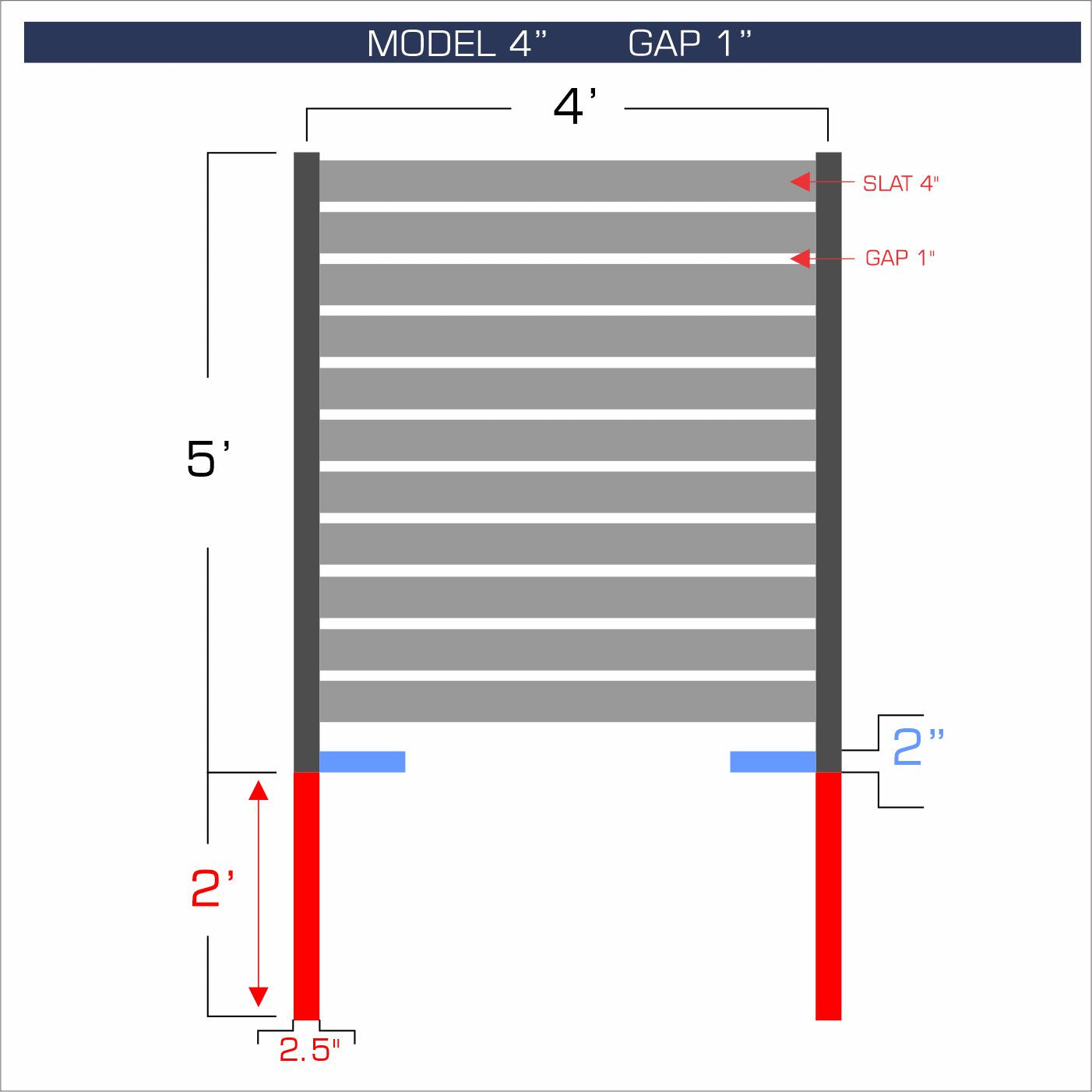 Horizontal aluminum fence with 4-inch spacing, 1-inch gap between blades, and 5-foot height.