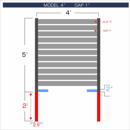 Horizontal aluminum fence with 4-inch spacing, 1-inch gap between blades, and 5-foot height.