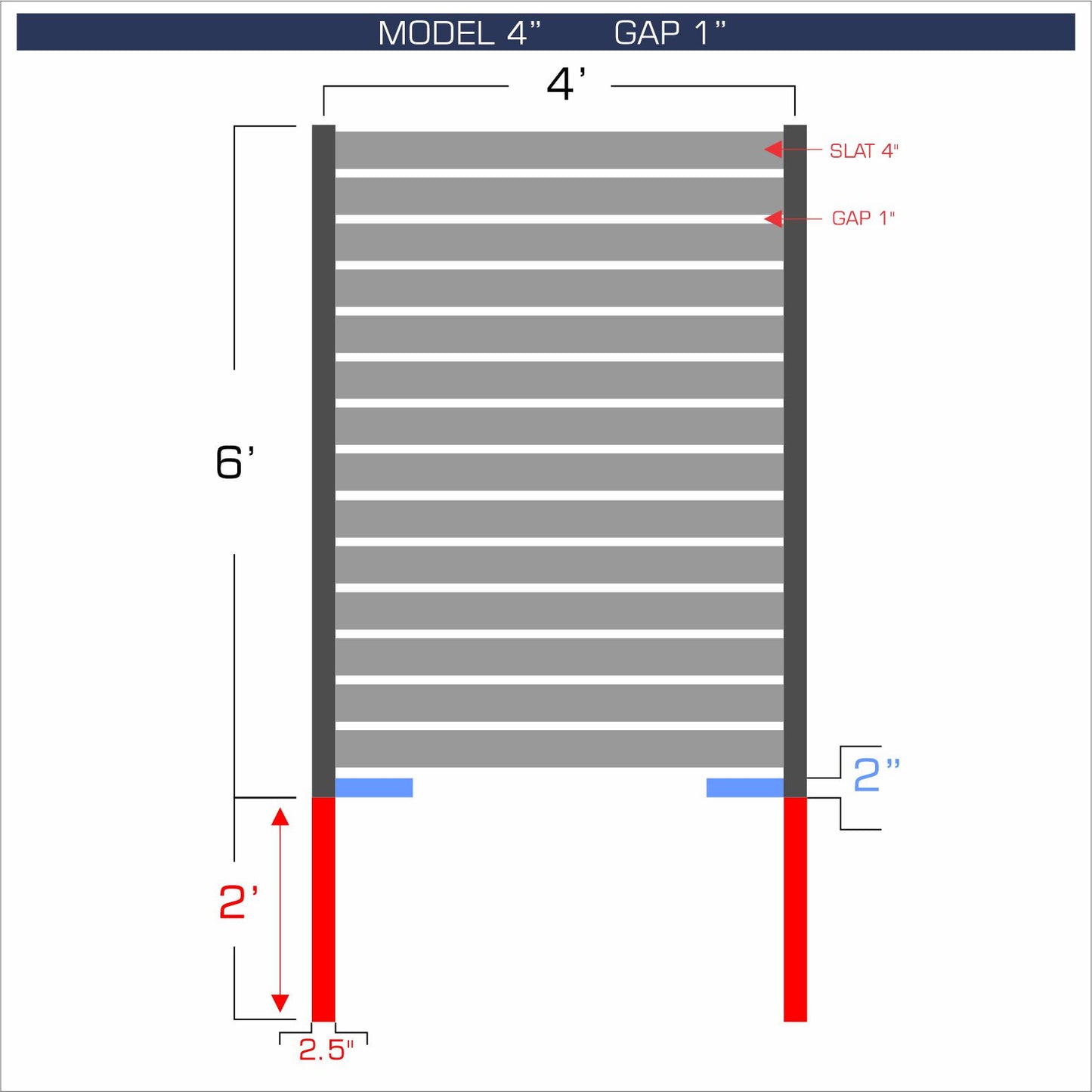 Horizontal aluminum fence with 4-inch spacing, 1-inch gap between blades, and 6-foot height.