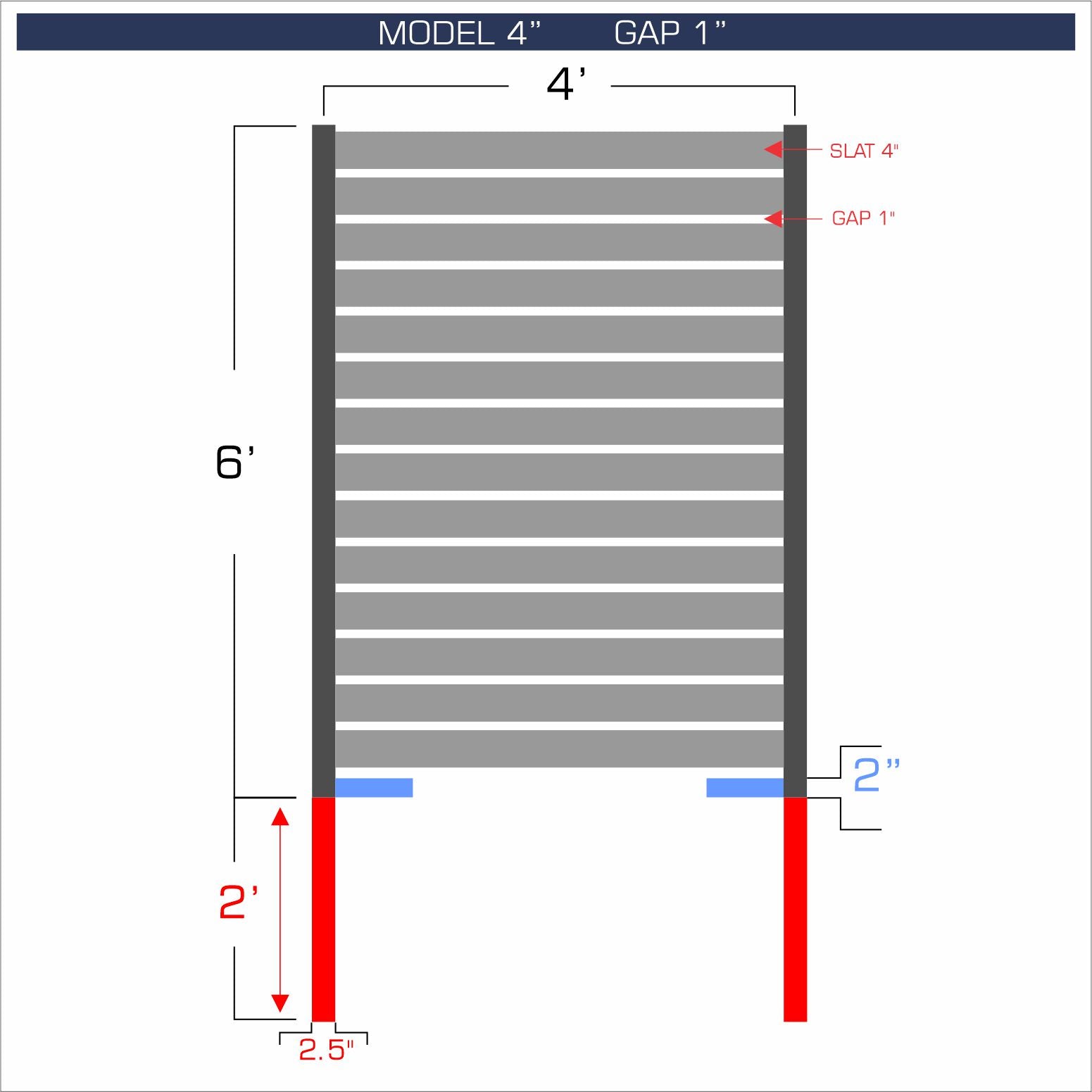 Horizontal aluminum fence with 4-inch spacing, 1-inch gap between blades, and 6-foot height.