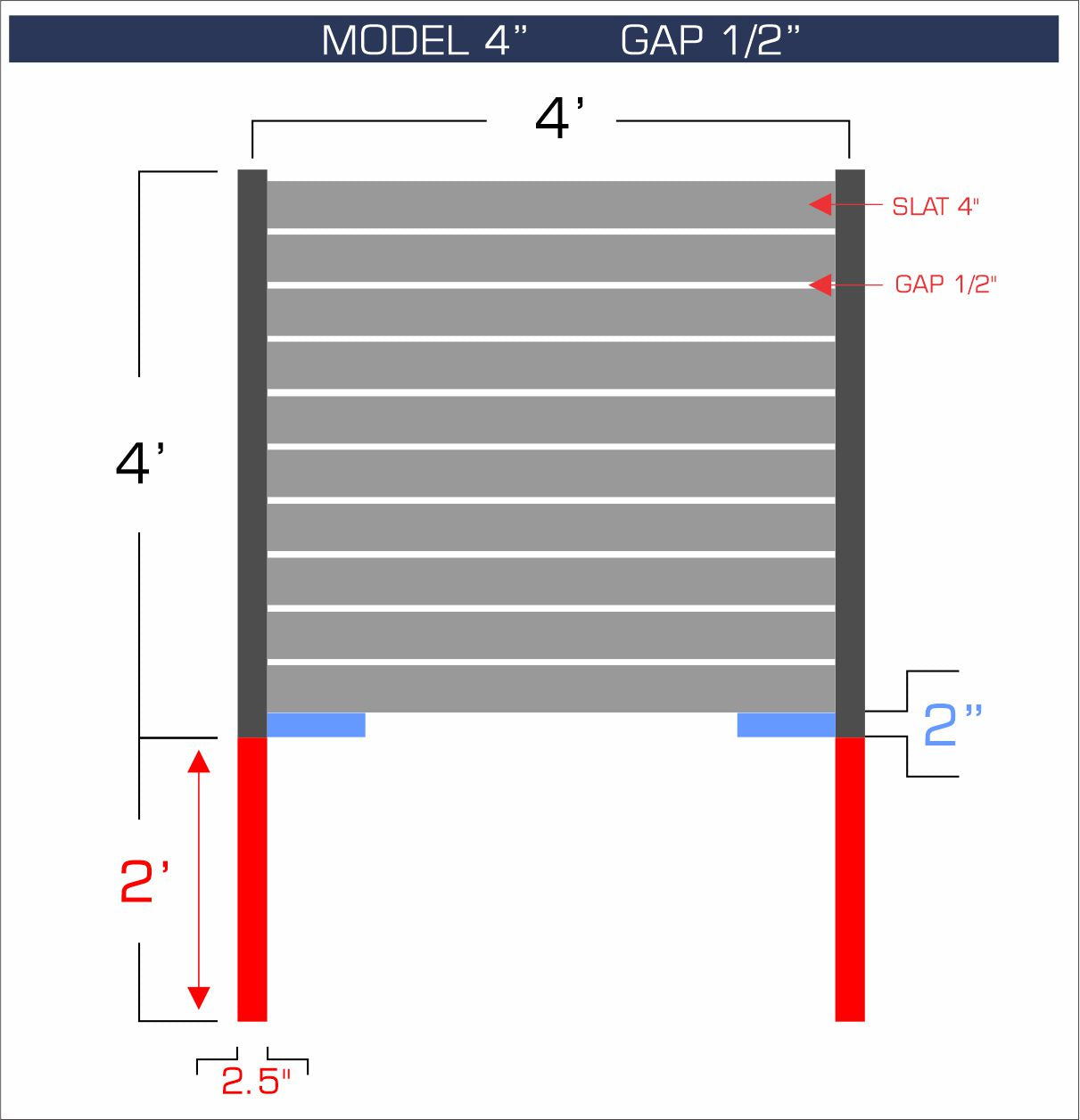 Horizontal aluminum fence with 4-inch spacing, 1/2-inch gap between blades, and 4-foot height.