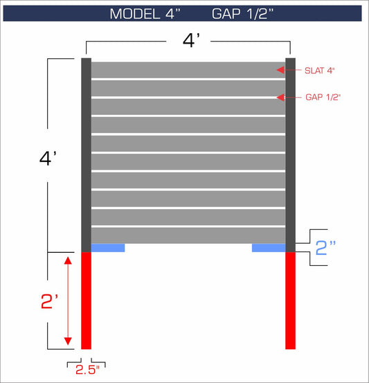 Horizontal aluminum fence with 4-inch spacing, 1/2-inch gap between blades, and 4-foot height.