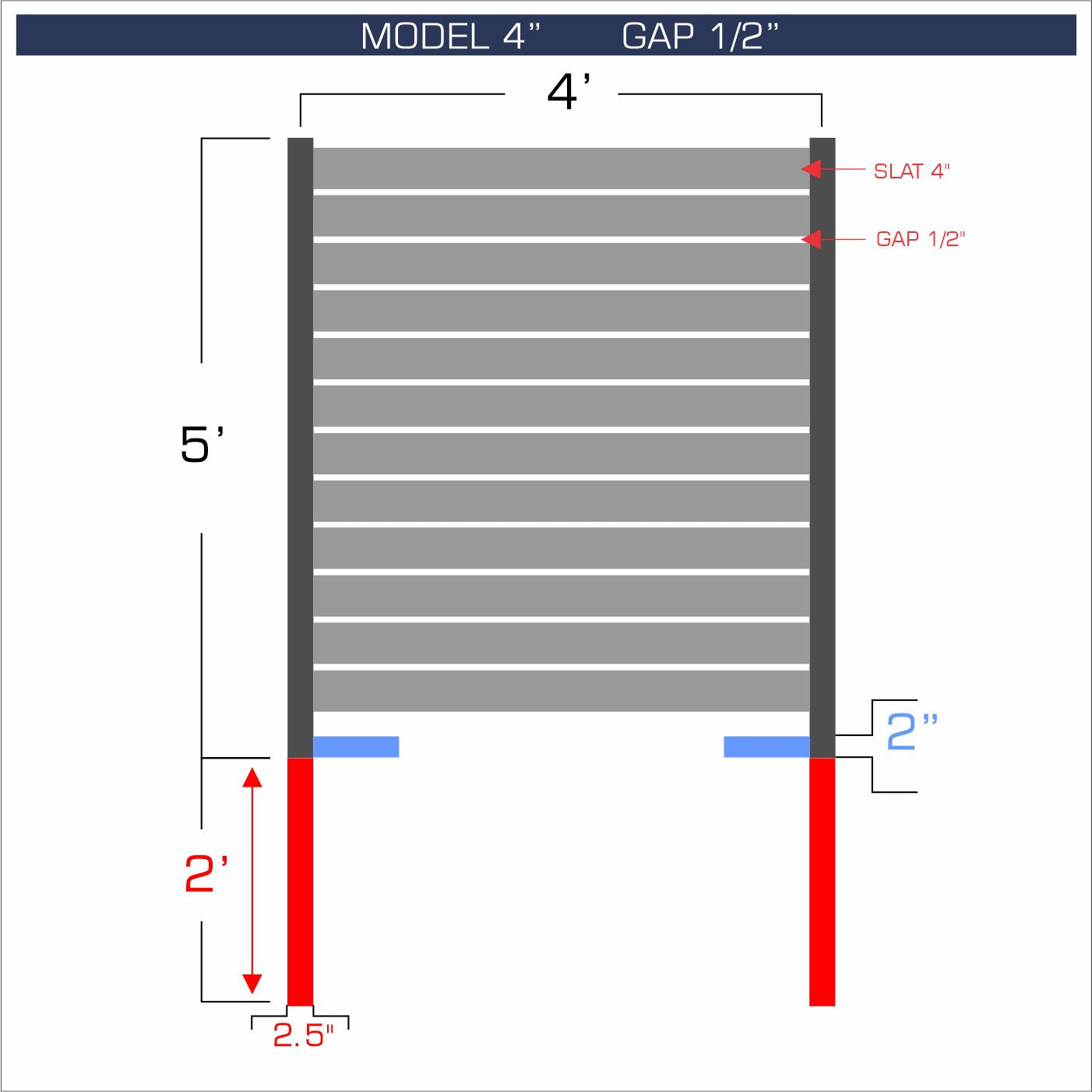 Horizontal aluminum fence with 4-inch spacing, 1/2-inch gap between blades, and 5-foot height.