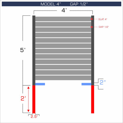 Horizontal aluminum fence with 4-inch spacing, 1/2-inch gap between blades, and 5-foot height.