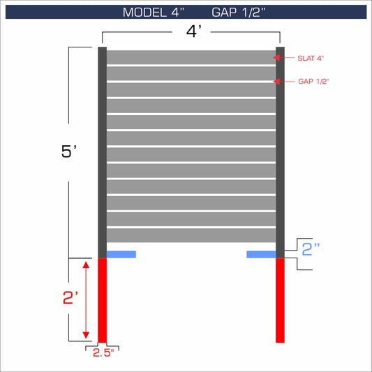 Horizontal aluminum fence with 4-inch spacing, 1/2-inch gap between blades, and 5-foot height.
