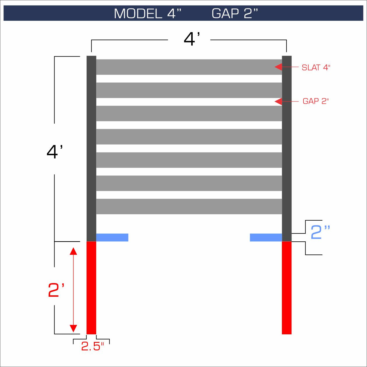 Horizontal aluminum fence with 4-inch spacing, 2-inch gap between blades, and 4-foot height.