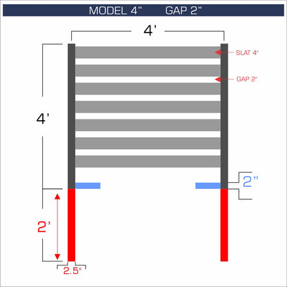Horizontal aluminum fence with 4-inch spacing, 2-inch gap between blades, and 4-foot height.