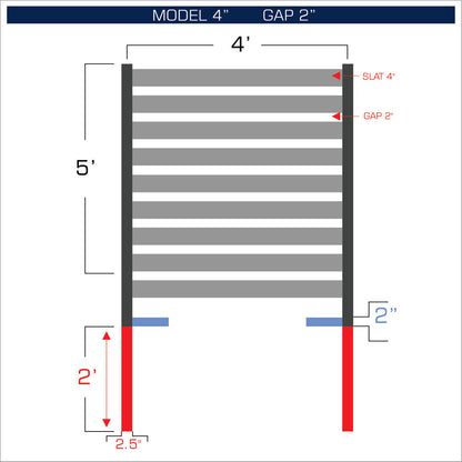 Horizontal aluminum fence with 4-inch spacing, 2-inch gap between blades, and 5-foot height.
