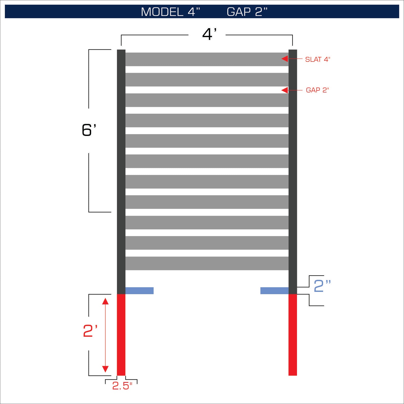 Horizontal aluminum fence with 4-inch spacing, 2-inch gap between blades, and 6-foot height.